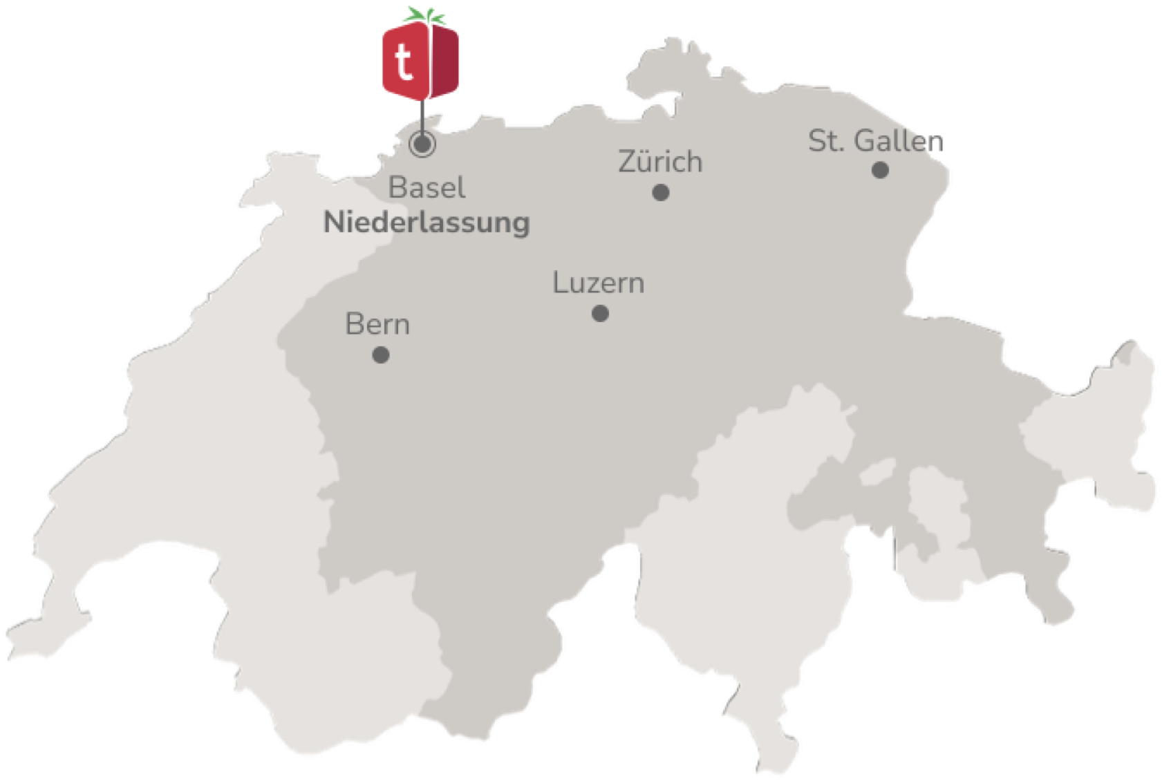 Karte der Schweiz mit tomedo-Niederlassung in Basel sowie Bern, Luzern, Zürich und St. Gallen